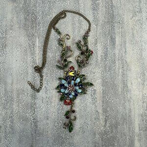 Betsey Johnson Flower Necklace Ladybug Rhinestone vtg Enamel Blue